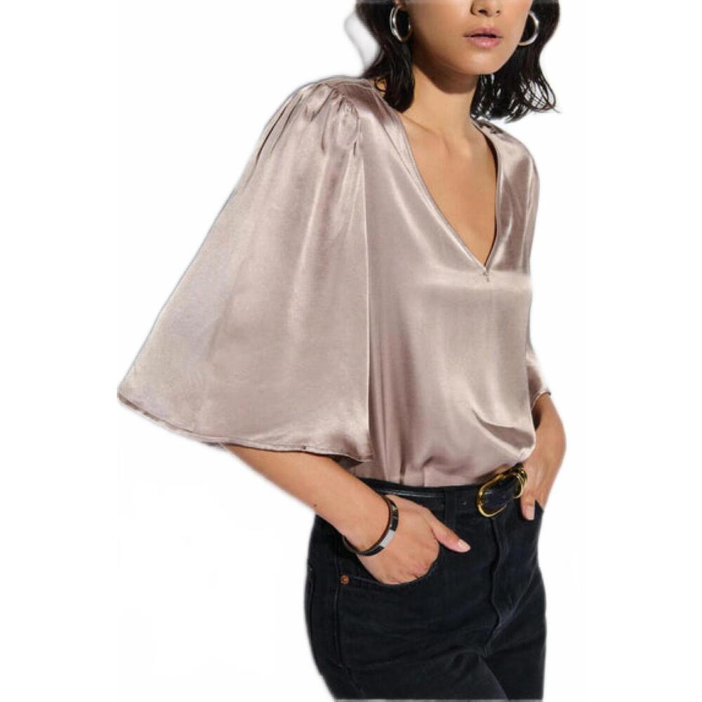 Nation LTD Satin V-Neck Blouse in Champagne Taupe